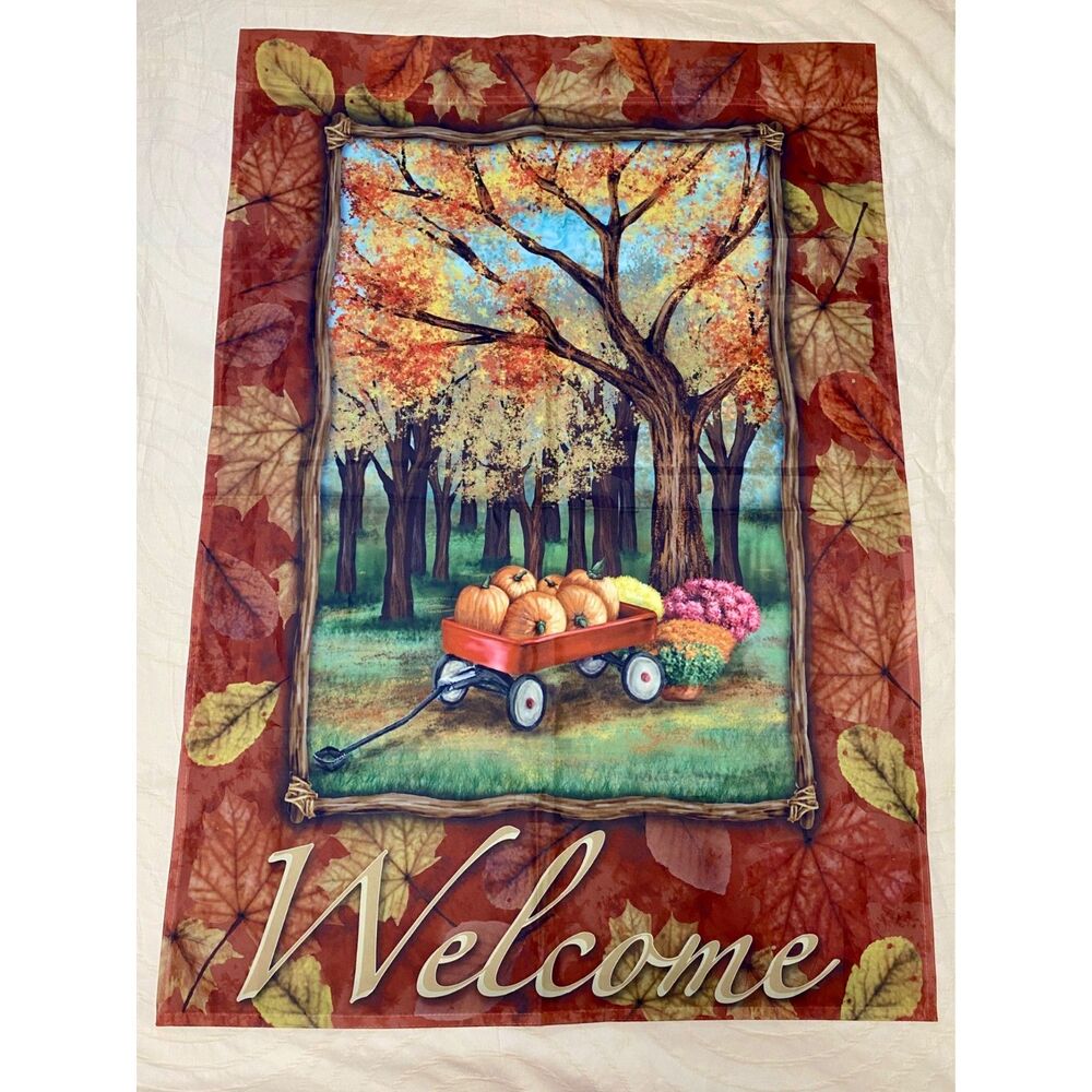 Garden Flag Welcome Wagon Autumn Seasonal Holiday Fall Pumpkins Jetmax 38x25"